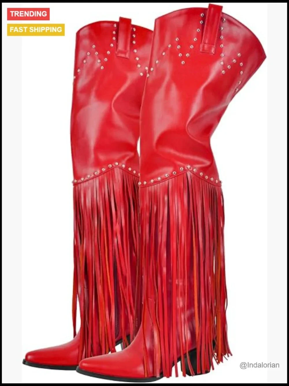 Faux Leather Fringe Tassel Studded Thigh High Cowboy Boots Wide Calf